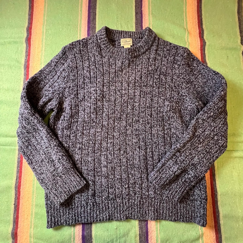 LL Bean Sweater Mens L Blue Lambswool Ribbed Knit Marled Pullover 500586